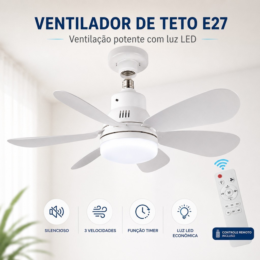 Ventilador De Teto Luz LED 60W/80W Com 6 Hélices 3 Tipos De Luz Bivolt Com Controle Remoto