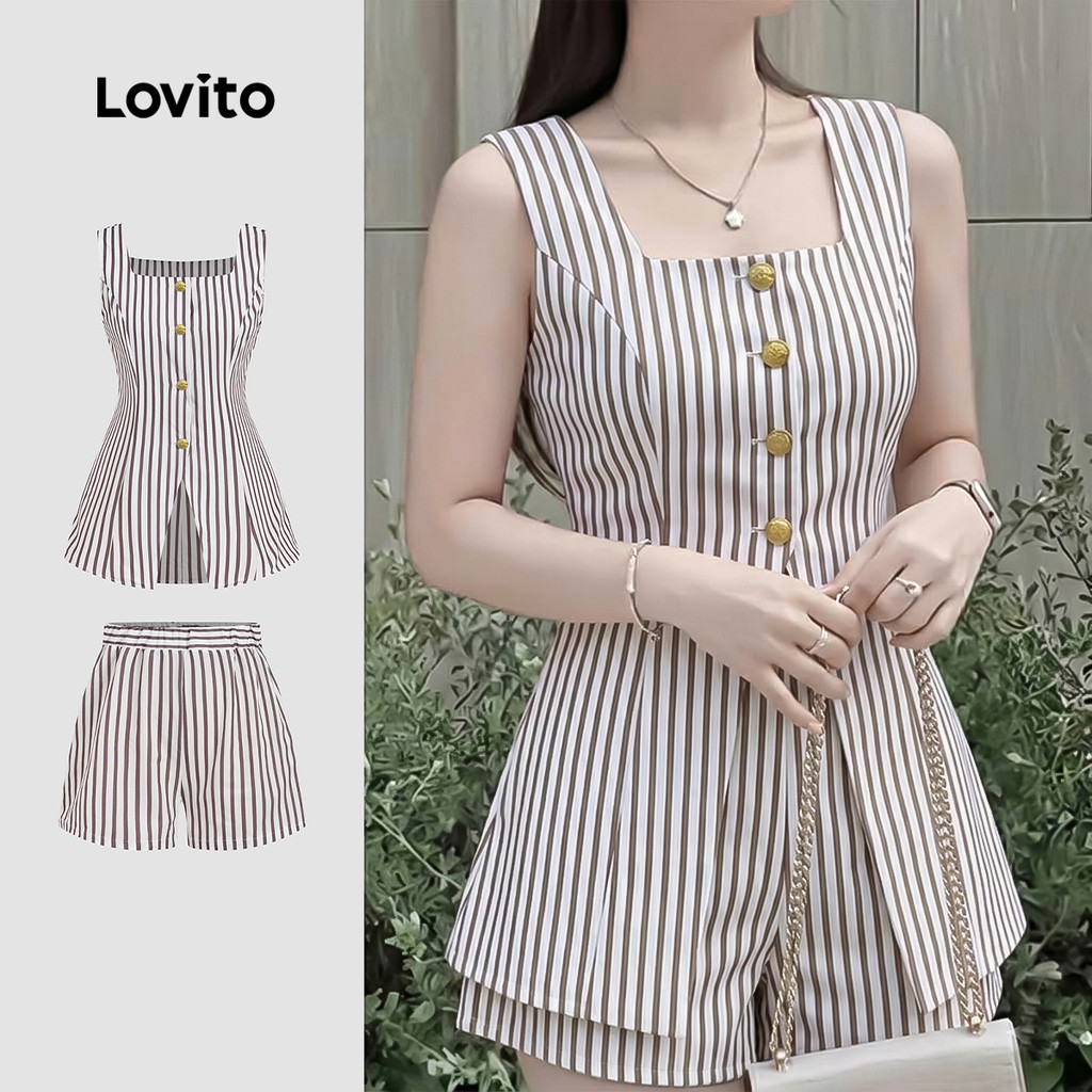 Lovito Casual Tops ou Bottoms com Botão Marrom de Primavera/verão para Mulheres SHB198P1D239