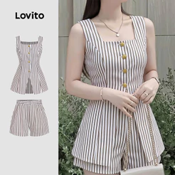 Lovito Casual Tops ou Bottoms com Botão Marrom de Primavera/verão para Mulheres SHB198P1D239