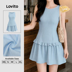 (New Arrival) Lovito Vestido Feminino Casual Azul Claro Curto Com Bainha De Babados Para primavera/verão E Fim De Semana DRB206TD048