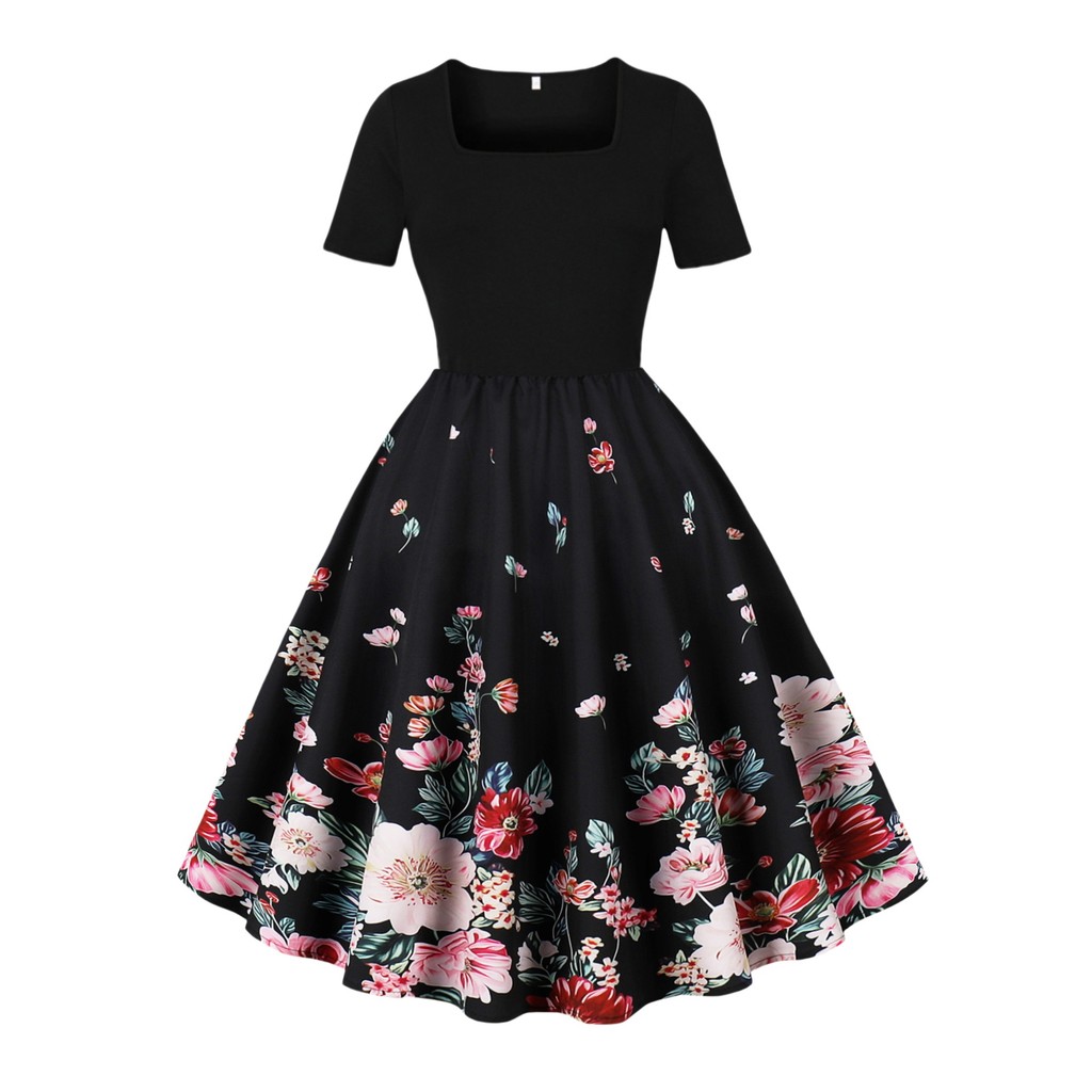 Retro flor impressão grande balanço vestido feminino elegante retro pescoço quadrado manga curta vestido de festa à noit