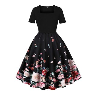 Retro flor impressão grande balanço vestido feminino elegante retro pescoço quadrado manga curta vestido de festa à noit