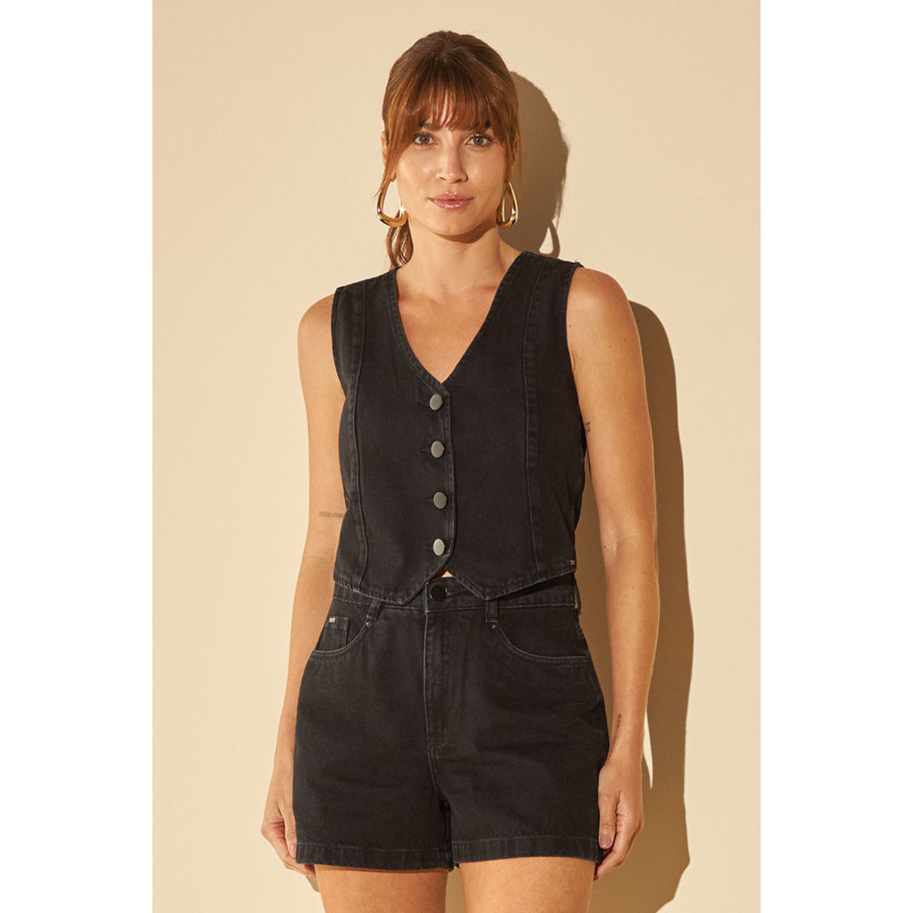 Short Jeans Feminino Com Bolsos Marialícia Preto