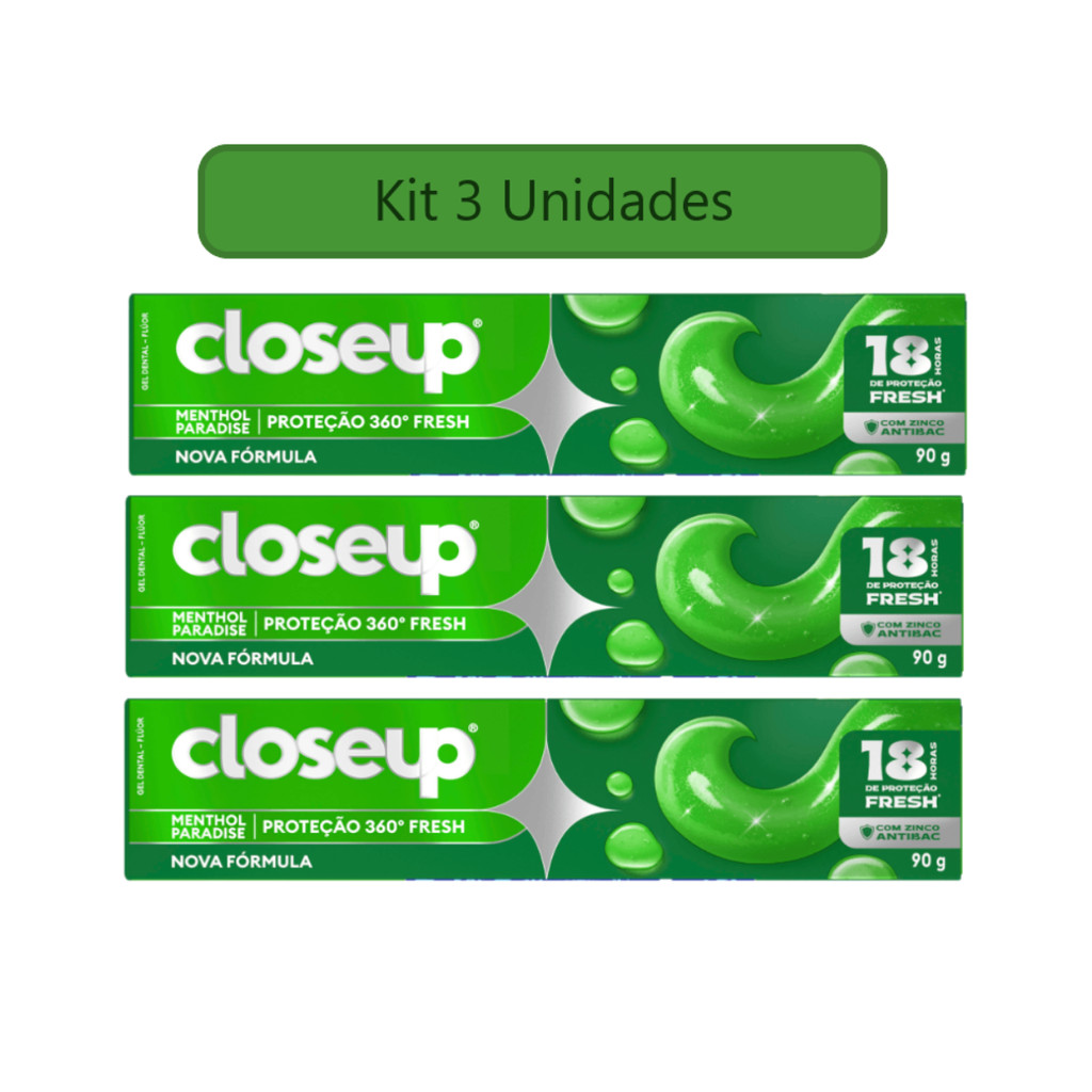 Kit 3 Creme Dental CloseUp Menthol Paradise Proteção 360 Fresh 90g