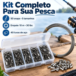Kit Pesca Snap Girador 50 unid. e Monte Empates Cabo Aço 30lb 10m Grampo Pesca