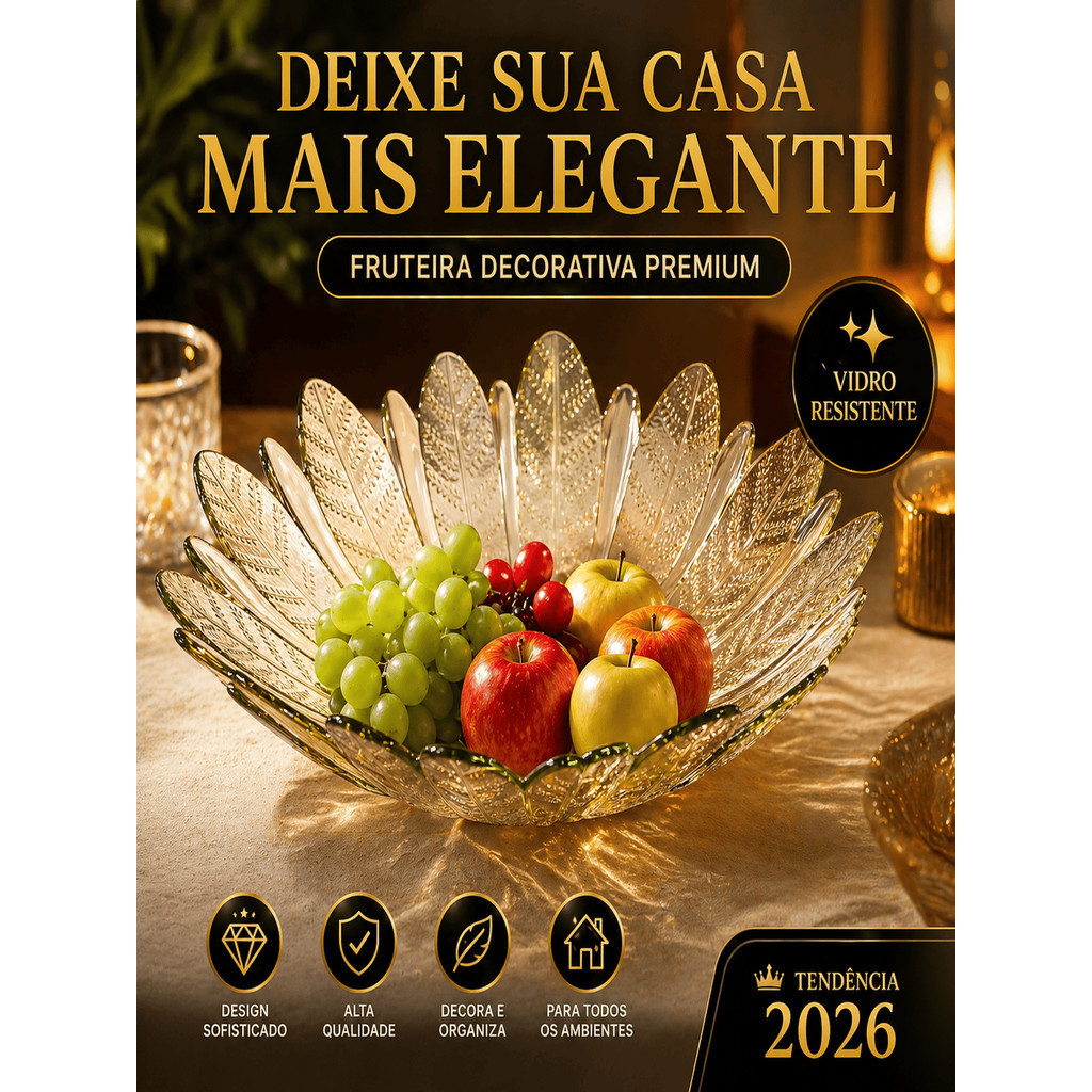 Fruteira de Vidro Decorativa Premium Folha Dourada – Centro de Mesa Elegante Luxo Casa Moderna