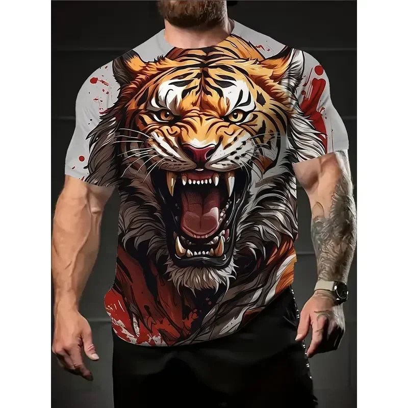 Camiseta Masculina Com Estampa De Tigre 3D Realista Rosto Feroz Gráfica Respirável Poliéster Solto Manga Curta Academia 