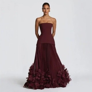 Feminino tubo superior cintura estreita longo vestido de noite tridimensional pétala plissado grande balanço arrastando 
