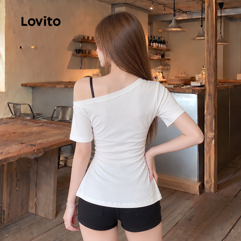 Lovito Casual Carta Falsa 2 Em 1 Padrão Ombro Frio Plissado Primavera/Verão Camiseta Branca Para Mulheres L136AD148 · foto 2