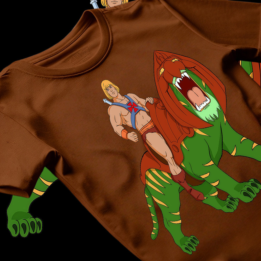 [Camiseta Premium em Algodão Puro]SISI Camiseta Unissex Oversize com Estampa de He - Man e Battle Cat, Estilo Clássico