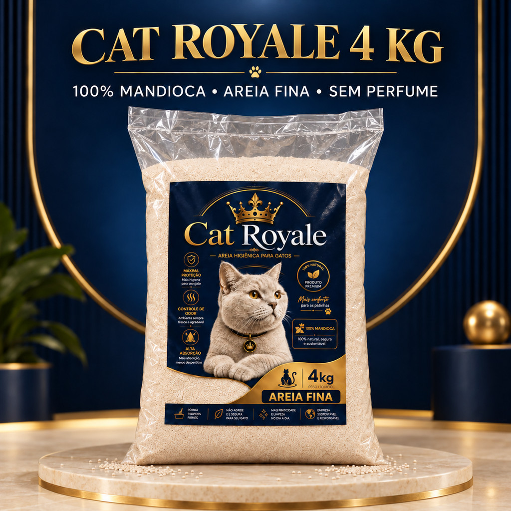 Areia de Gato Higiênica Biodegradável 100% de Mandioca CAT ROYALE - Areia Fina para Gatos 100% Mandioca - Premium