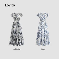 (Trendy) Lovito Vestido Férias com Estampa de Flores Abertura Frontal Macio e Confortável Primavera/Verão L145ED029