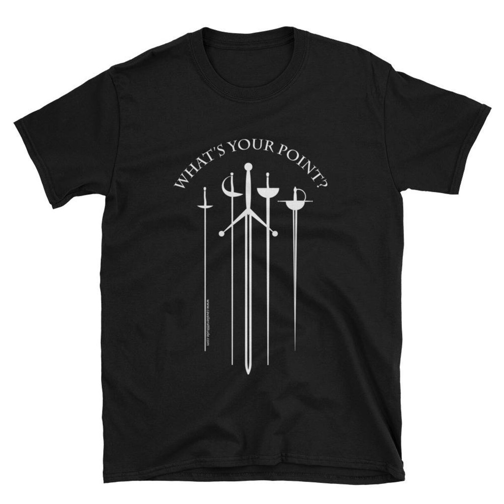 Camiseta Masculina estampa com frase What's Your Point e conjunto de espadas medievais confortável estilosa premium esti