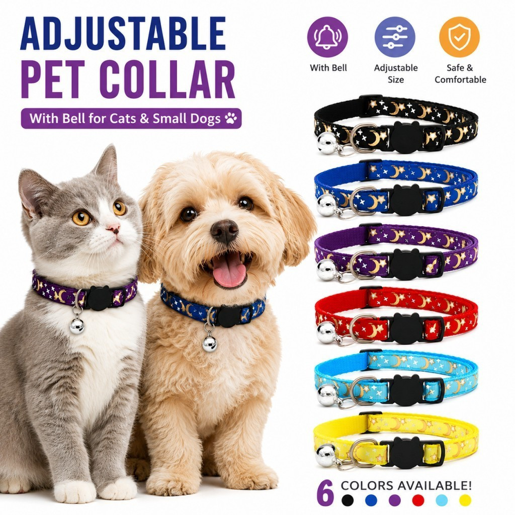 Coleira para animais de estimação com sino, ajustável, com estampa de lua e estrelas, para gatos, gatinhos, cachorros e 