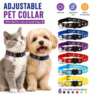 Coleira para animais de estimação com sino, ajustável, com estampa de lua e estrelas, para gatos, gatinhos, cachorros e 