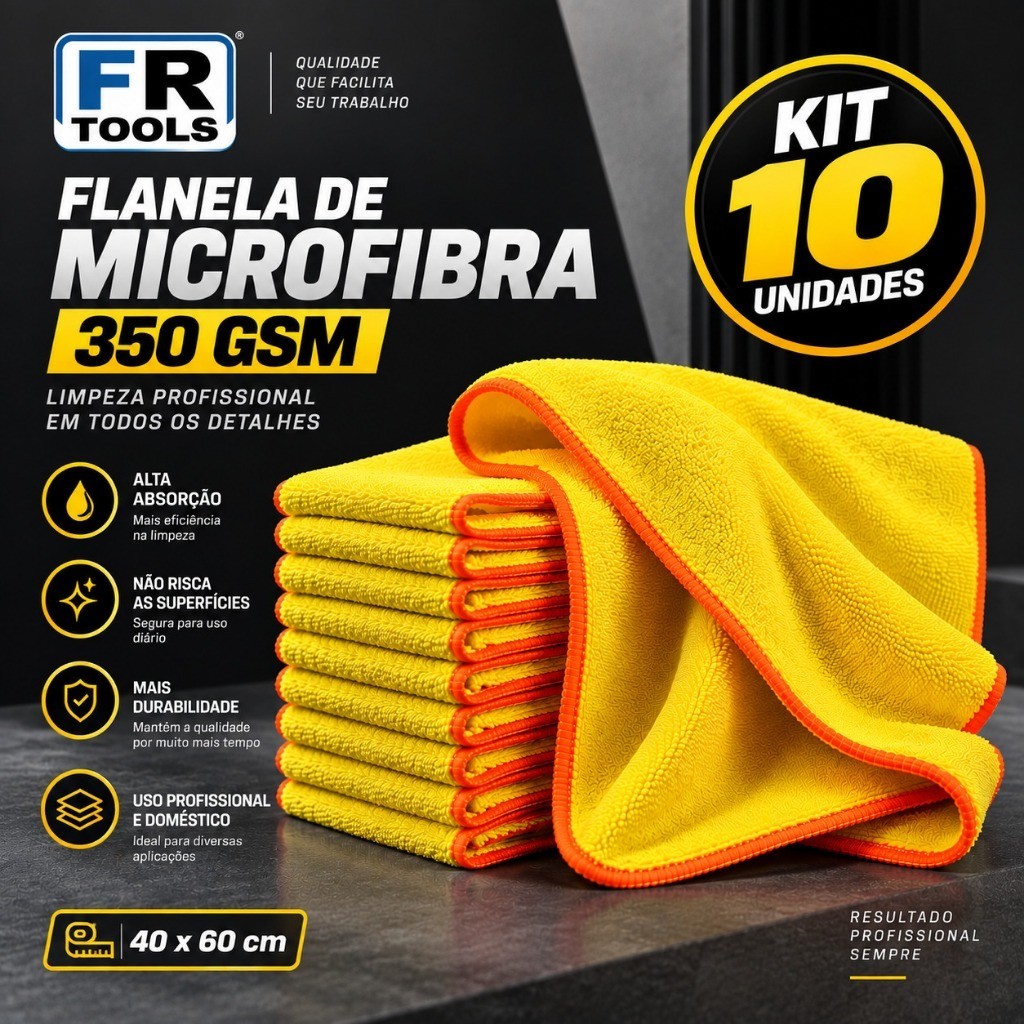 KIT 10 FLANELAS DE MICROFIBRA 350 GSM – 40x60 CM -  FR TOOLS