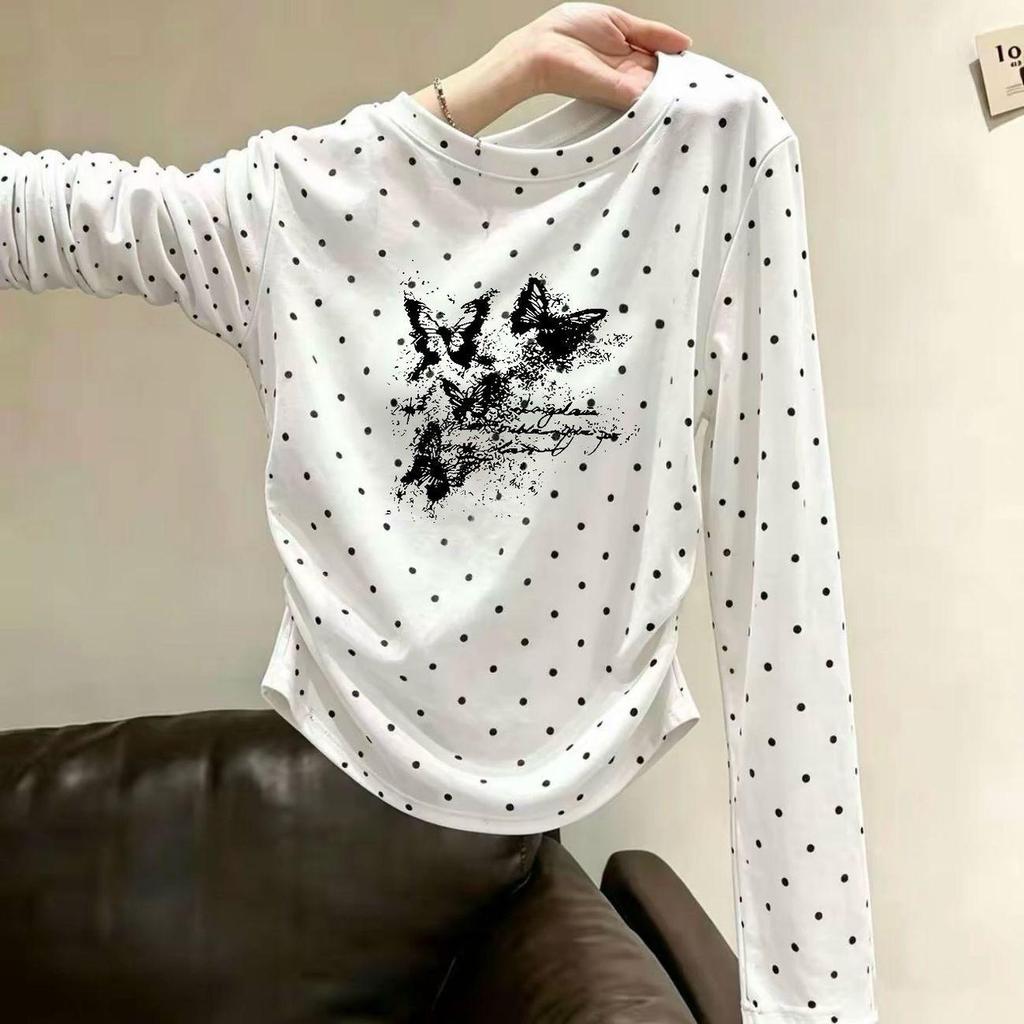 Médio grande crianças meninas puro algodão manga comprida camiseta primavera outono estilo coreano bolinhas Design em to