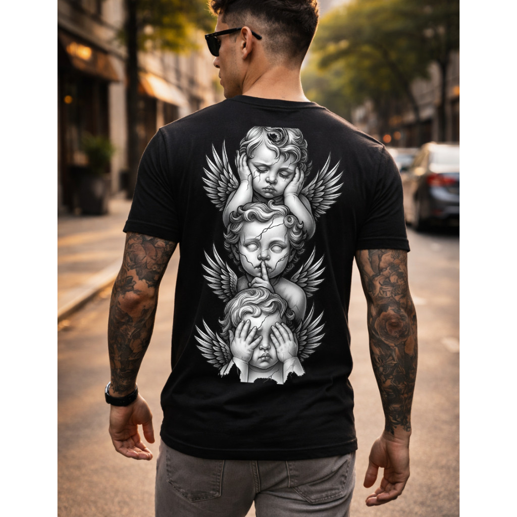 Camiseta Camisa Estampada Anjos Estilosa Streetwear Malha Diferenciada Top Algodão Elegante Moda Masculina