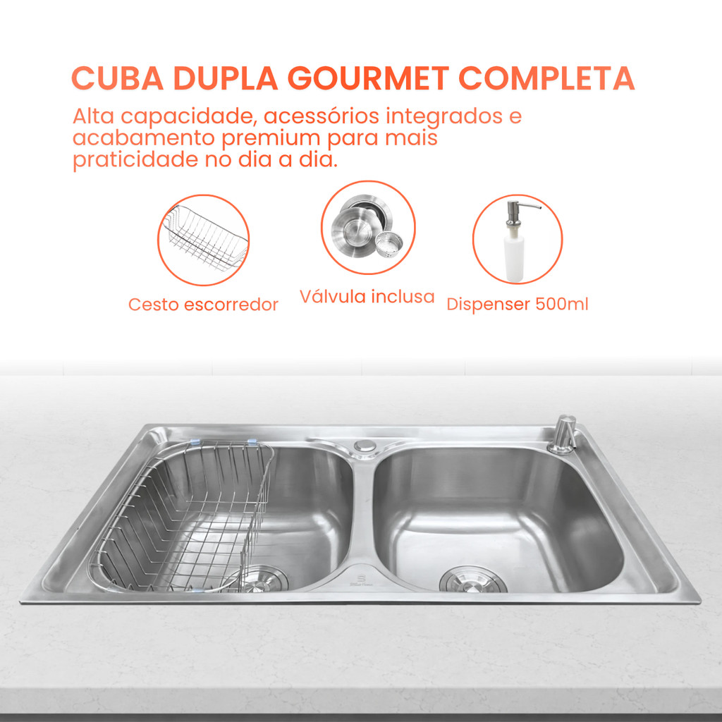 Cuba Dupla Gourmet Pia Cozinha Aço Inox Com Acessórios 78X43cm · foto 2