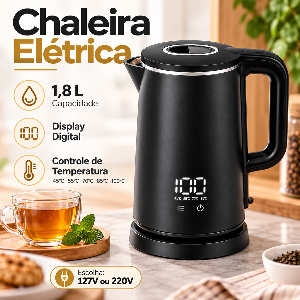 ✨ Chaleira Elétrica Digital 1,8L 1500W com Display LED e Controle de Temperatura – 127V ou 220V