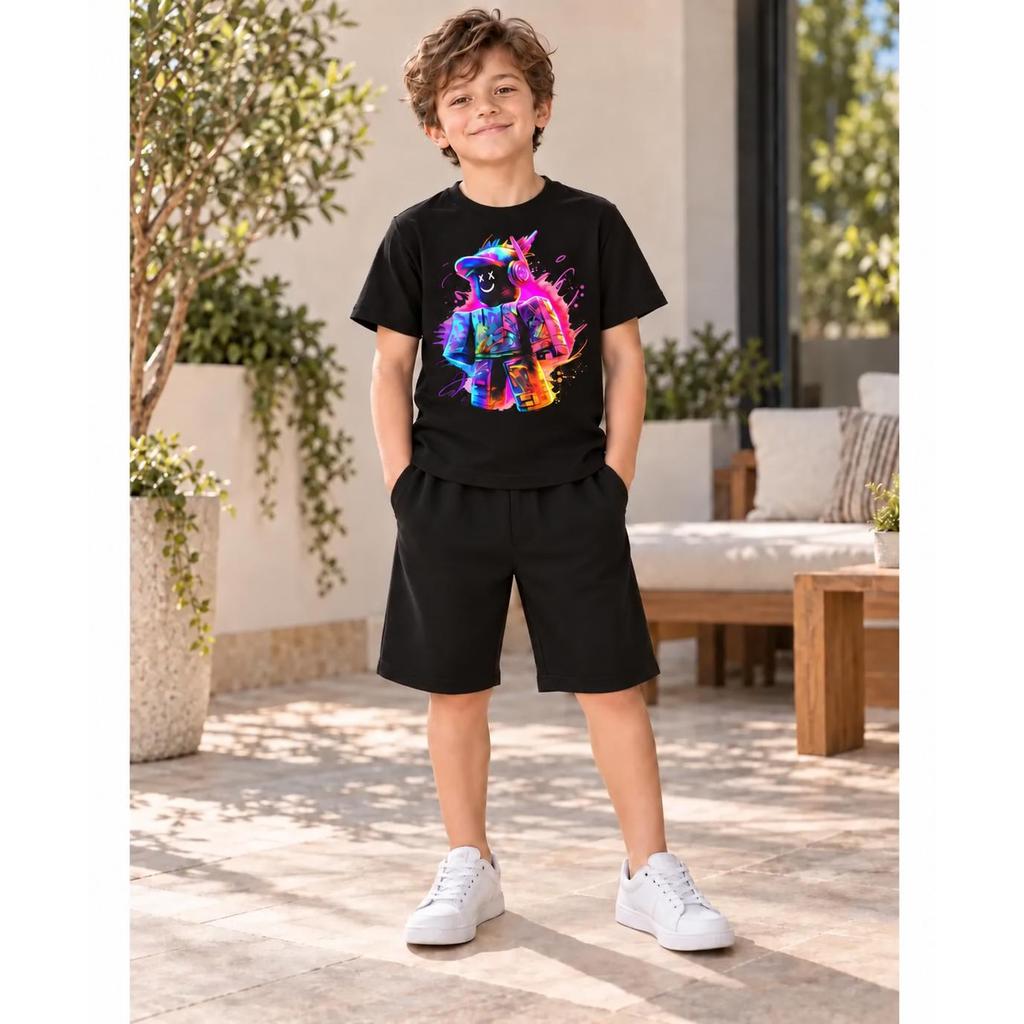 Camiseta e Bermuda Infantil Preto Estampa Neon DJ Conjunto 100% Algodão