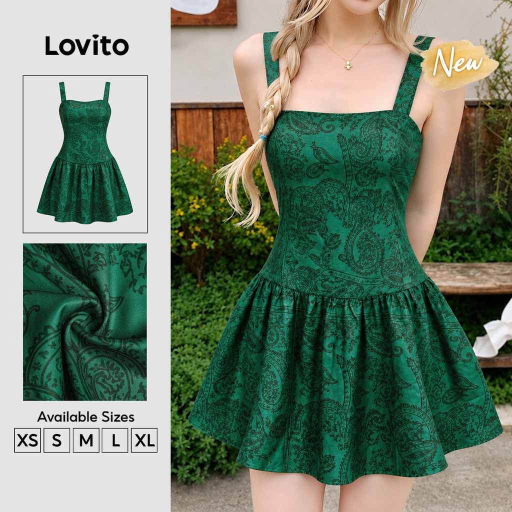 Lovito Vestido Feminino Verde-Escuro com Alcinha Padrão Modelo Curto Flare DRK10P2D637