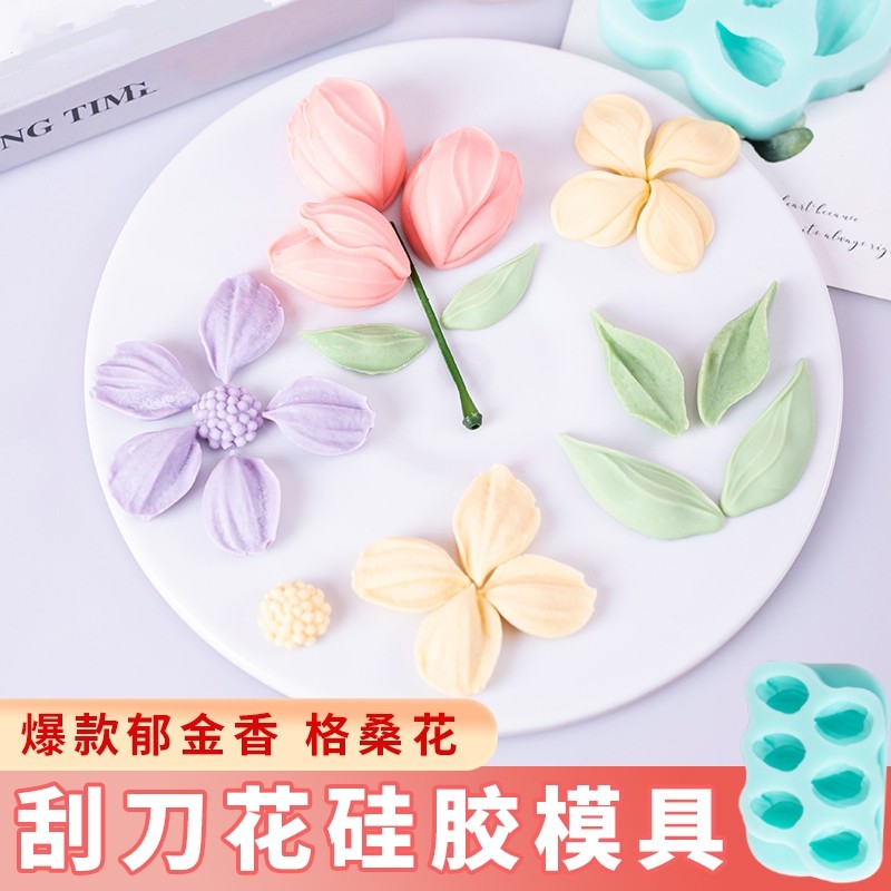 Influenciador Fondant Chocolate Silicone espátula grade amoreira flor tulipa folha molde bolo decoração ferramentas de c