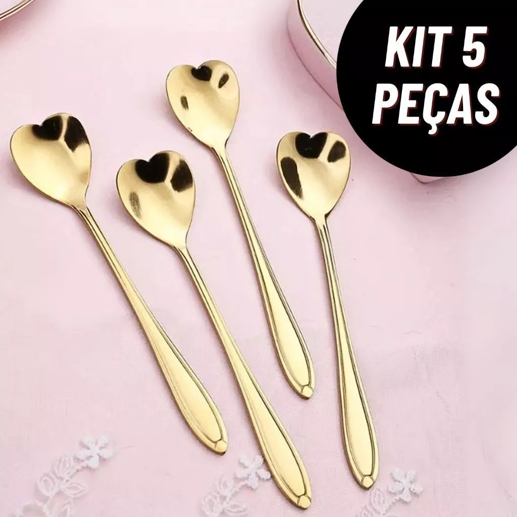 Kit 5 Colheres Coração Fofa para Cozinha Mesa Posta Douradas Café Sobremesa Chá Aço Inoxidável — imagem 1