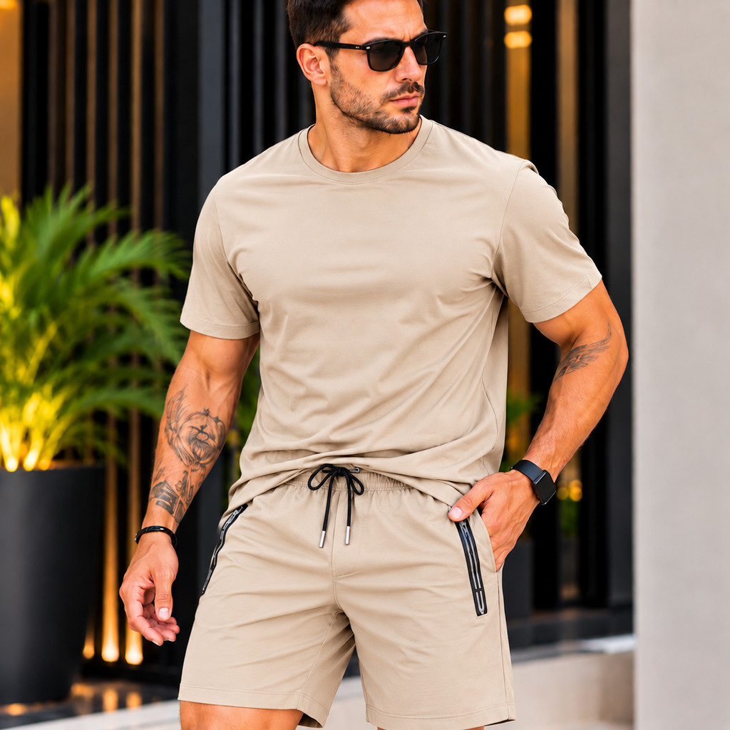 Conjunto Masculino Camiseta E Bermuda Poliamida Short Mauricinho Dry Fit Academia Bolso Com Zíper Secagem Rápida
