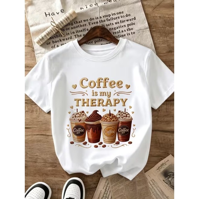Camiseta Feminina Manga Curta Estampada de Café Confortável Linda Moderna Estilosa Moda Casual Tendência Verão