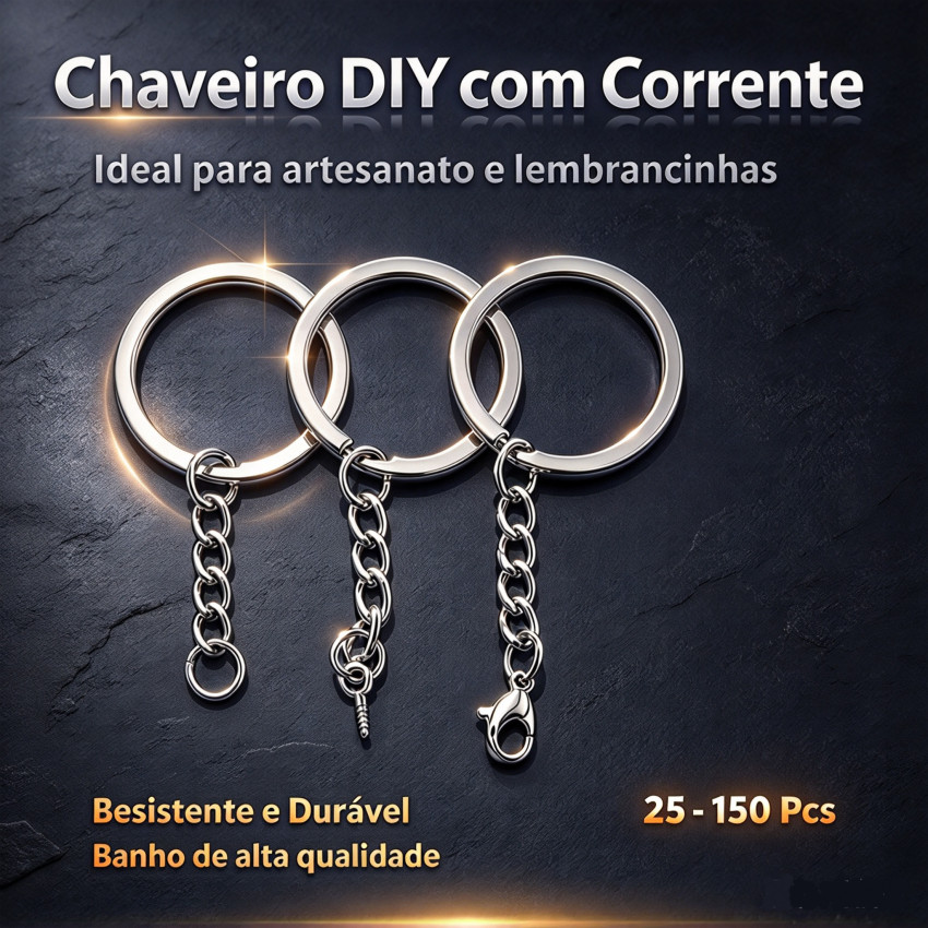 Chaveiro Argola com Corrente Kit Atacado Dourado Prata 25 - 150 Pcs Bijuteria Resina Pingentes Artesanato DIY