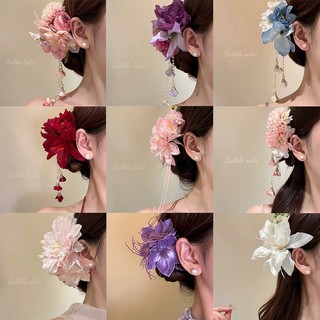 Presilha de cabelo com flor artificial e franjas, estilo férias, acessório feminino para Hanfu e cheongsam, presilha lat
