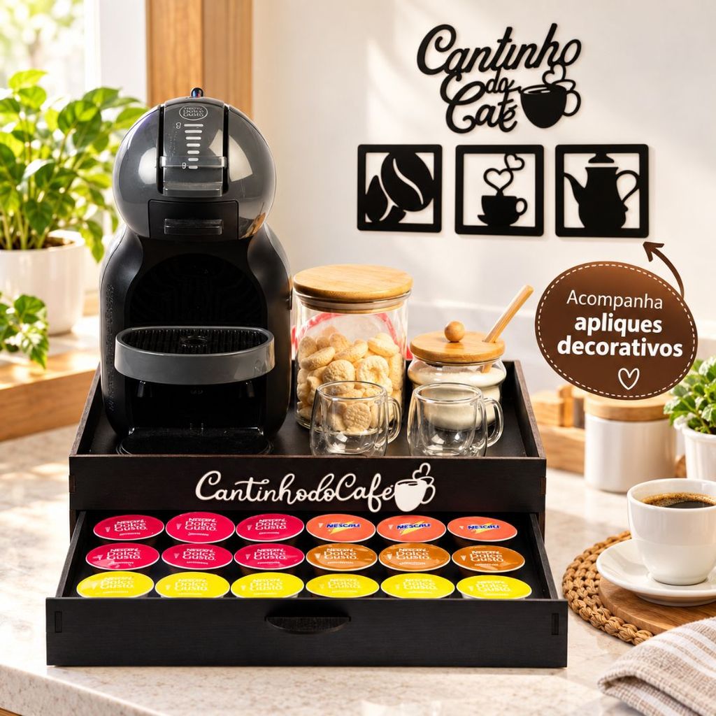 Bandeja Porta Cápsulas + Apliques Decorativos Cantinho do Café Suporte Cafeteira Máquina Com Gaveta