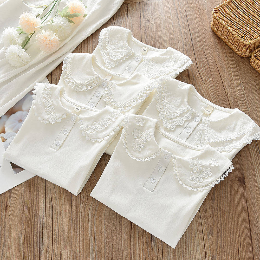 Estilo ocidental meninas lapela renda camisa de fundo crianças algodão estiramento All-Match camiseta topo menina camisa
