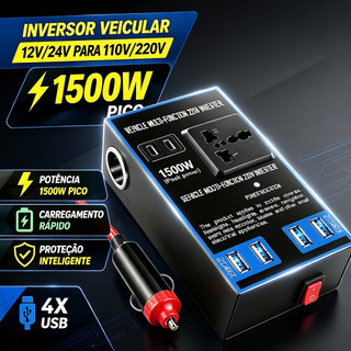 Inversor Veicular 12V/24V Pico 1500W Saída 110V/220V Conversor Automotivo Com 4 USB  Para Carro E Caminhão