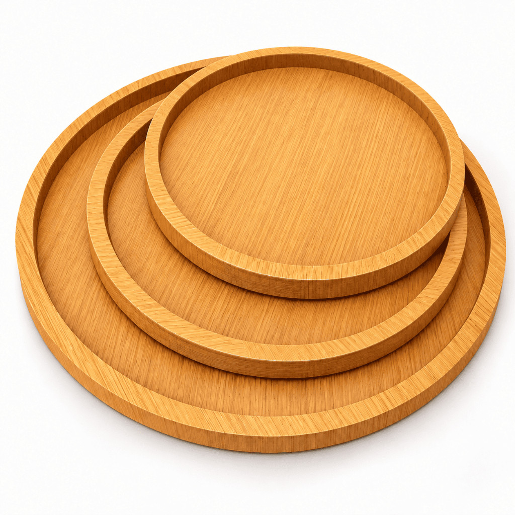 Kit 3 Bandejas Redondas MDF Amadeiradas 29,5cm 23,5cm e 19,5cm Decorativas Organizador Perfumes