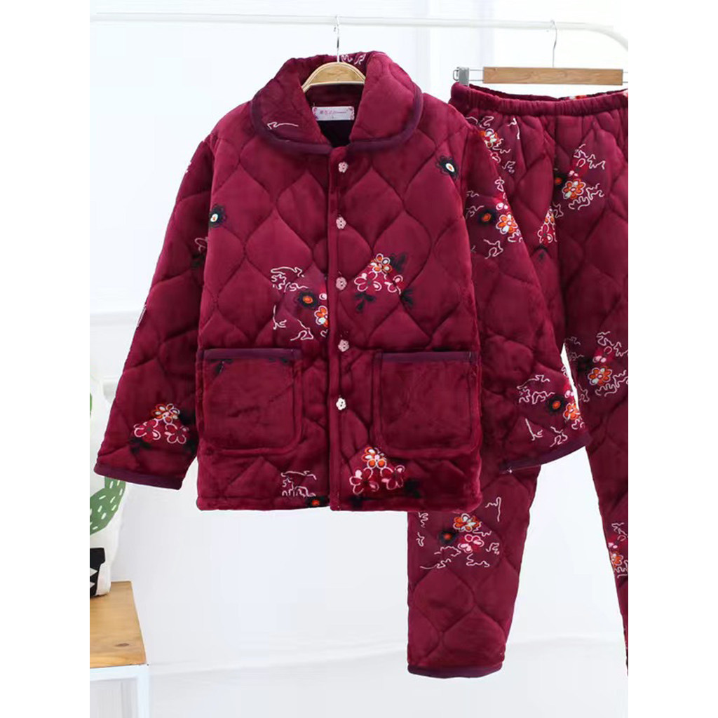 Conjunto de pijamas estilo inverno para mãe idosa de meia-idade, flanela, três camadas, acolchoado, pelúcia, engrossado,