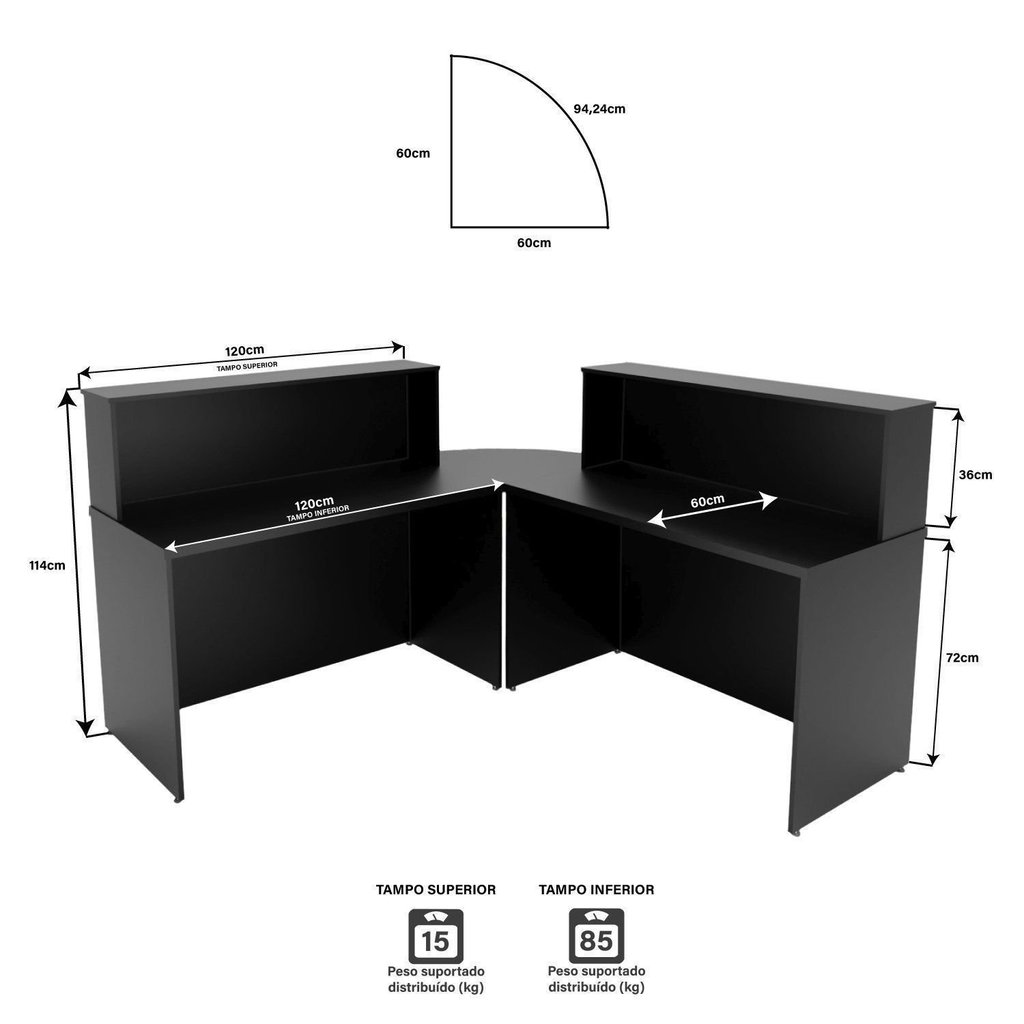 Balcão Atendimento de Canto em L Recepção Consultório 120x60cm Preto · foto 2
