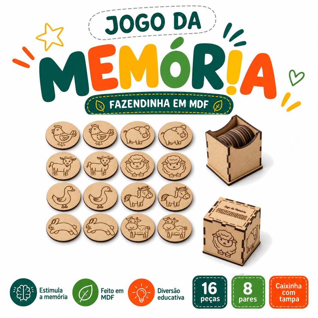 Jogo Da Memória Infantil Fazendinha MDF Educativo 16 Peças Com Caixa Pedagógico Montessori