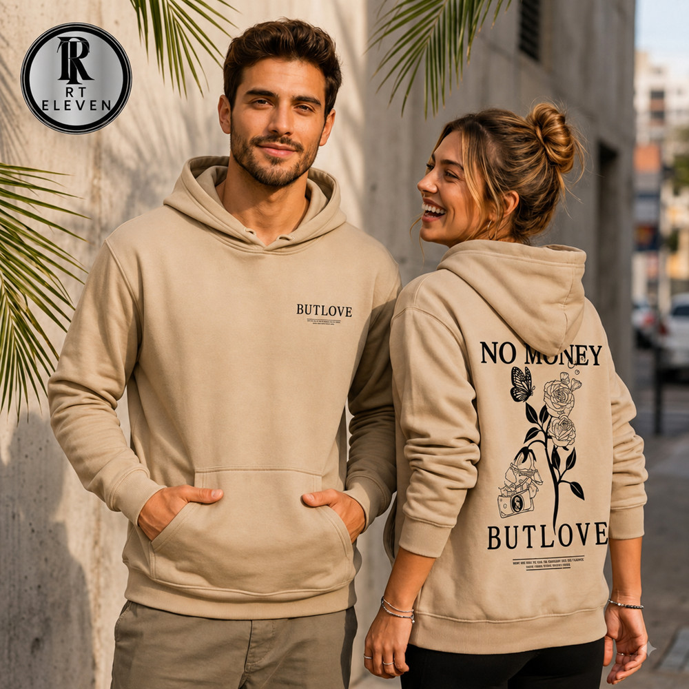 Moletom Canguru No Money But Love estampa Costas Blusa com Capuz e Bolso Flanelado Unissex Masculino Feminino
