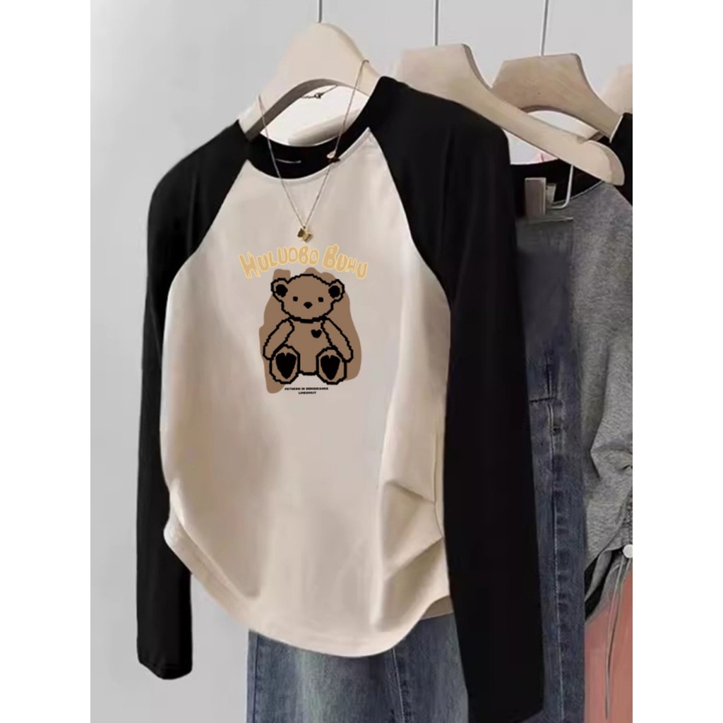 Meninas contraste cor manga comprida camiseta primavera outono estilo médio grande crianças puro algodão camisa de fundo
