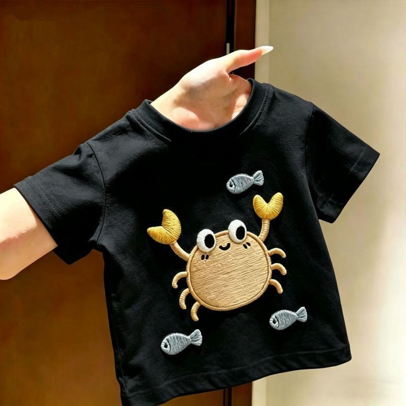 Crianças verão novo estilo imitação bordado impresso bonito caranguejo dos desenhos animados de manga curta camiseta men