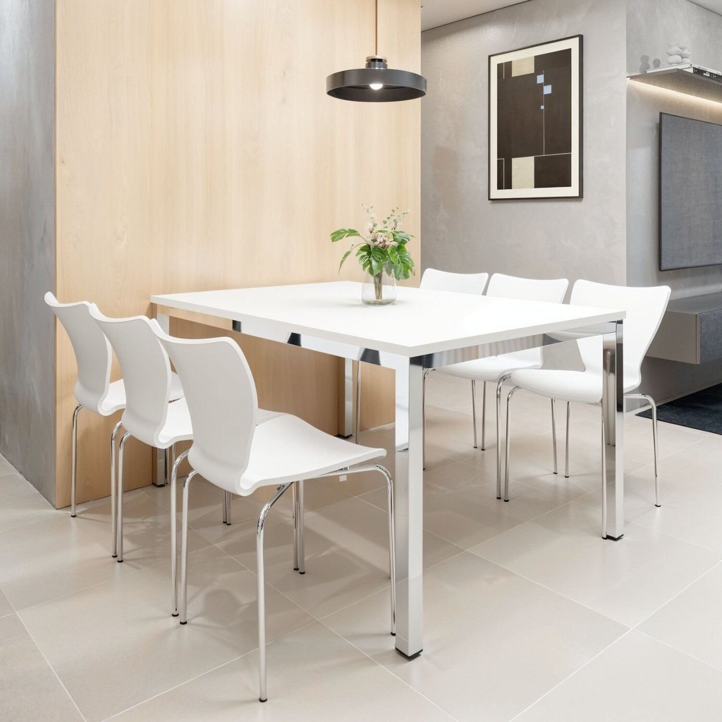 Conjunto Sala de Jantar 6 Lugares Retangular Tampo MDF 160X85cm Mesa Smart com Cadeiras Mono Branco/Cromado