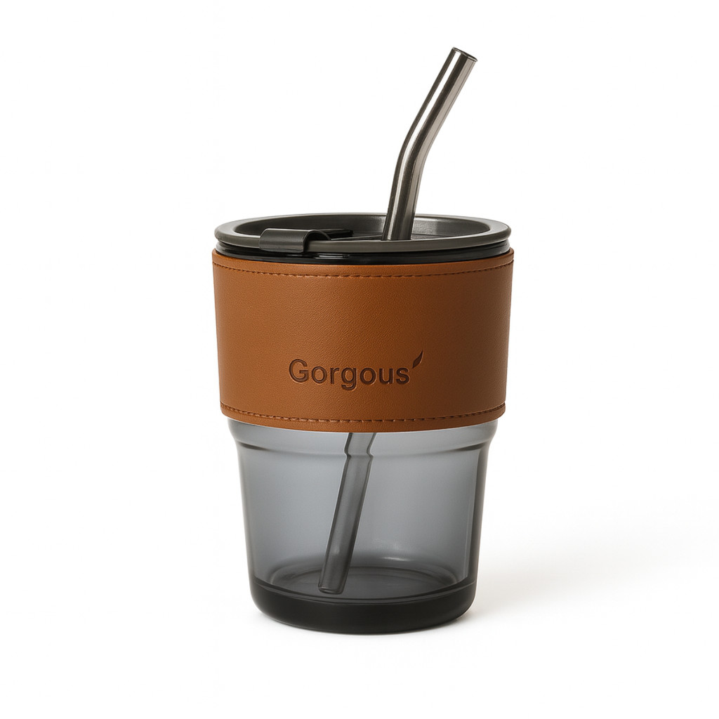 Copo de Vidro com Canudo Preto 450ml Capa de Couro Café Chá Bebidas Sucos Decoração