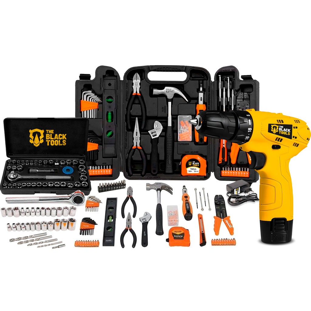 Kit Jogo De Ferramentas 169 Pçs Com Maleta The Black Tools Furadeira Parafusadeira Elétrica 3/8