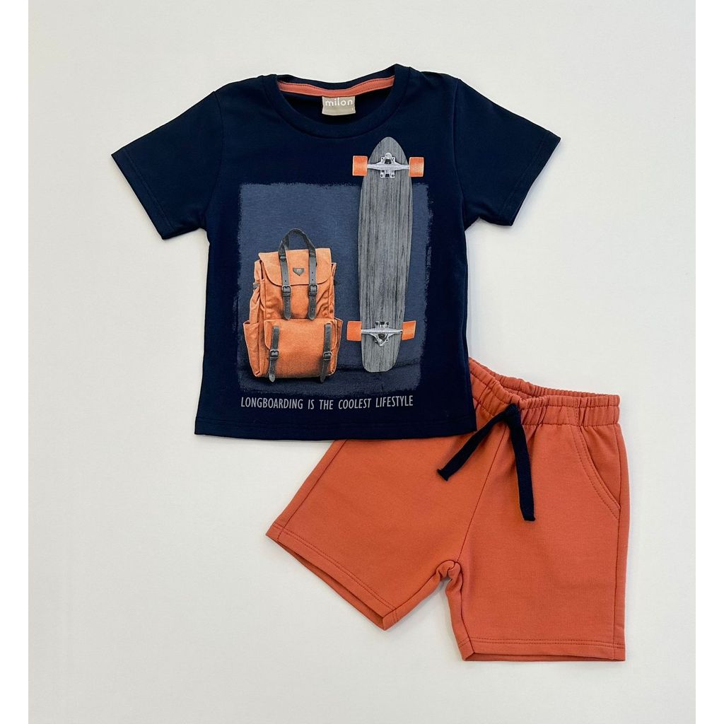 Conjunto Infantil Menino Milon Camiseta Azul Estampa Skate e Bermuda Laranja Conforto