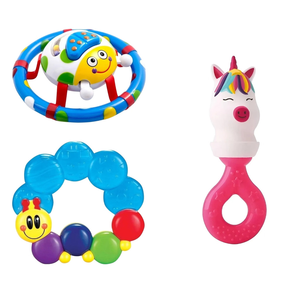 Kit Chocalho Joaninha Com Som + Mordedores De Lagartinha Com Água E Unicórnio Educativo e Sensorial Para Bebês