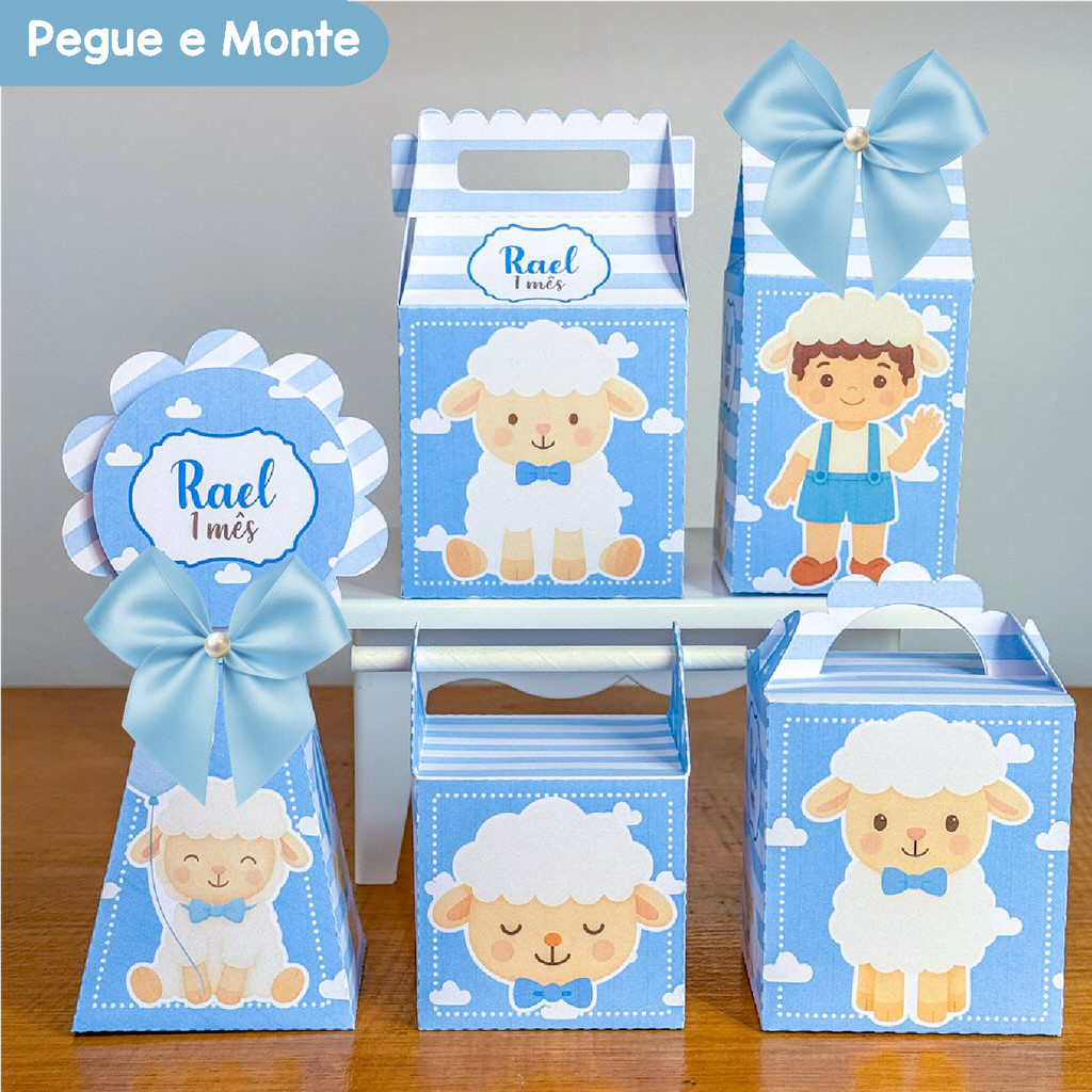 Kit Festa Ovelha Menino Ovelhinha Azul | Personalizados | Lembrancinhas | Caixinhas para Festa | (Pegue e Monte)