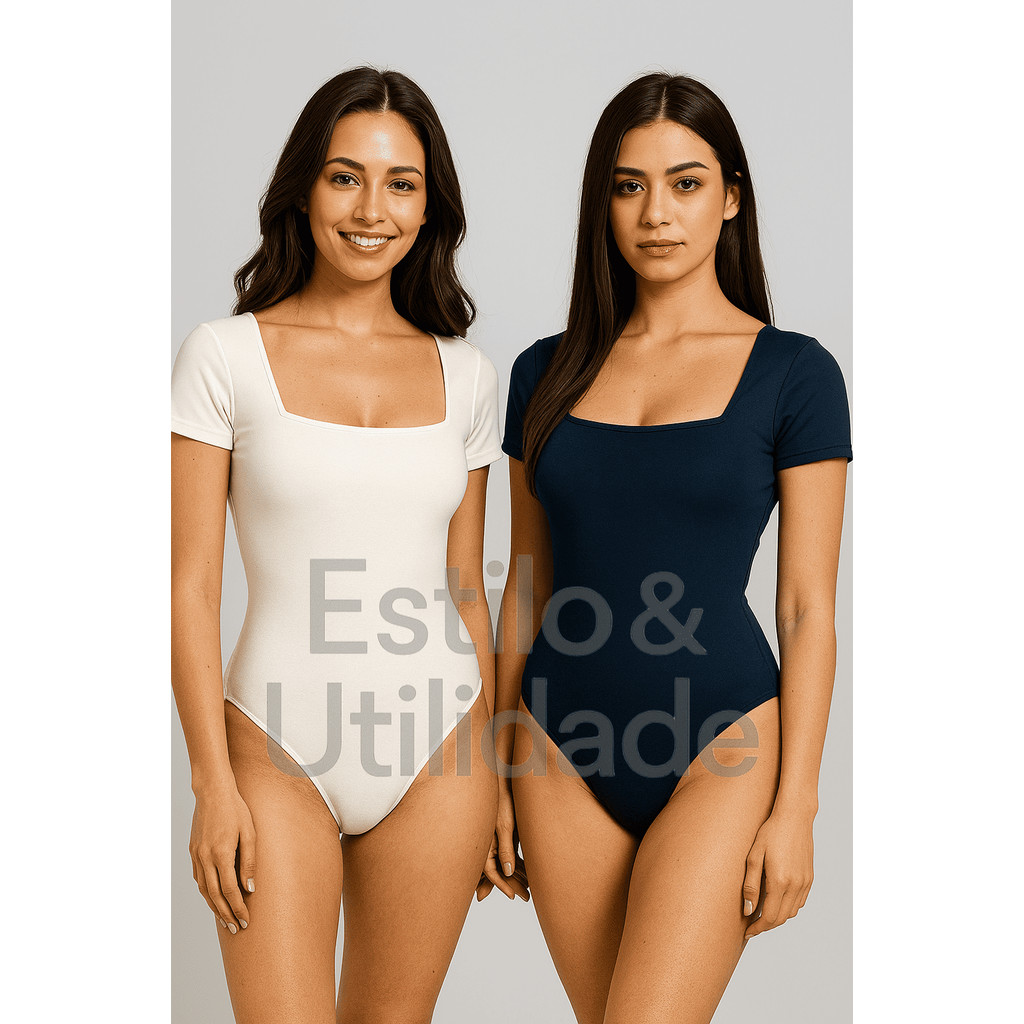 KIT 2 Body Feminino Decote Quadrado Manga Curta Tamanho Unico Suplex Liso Verão