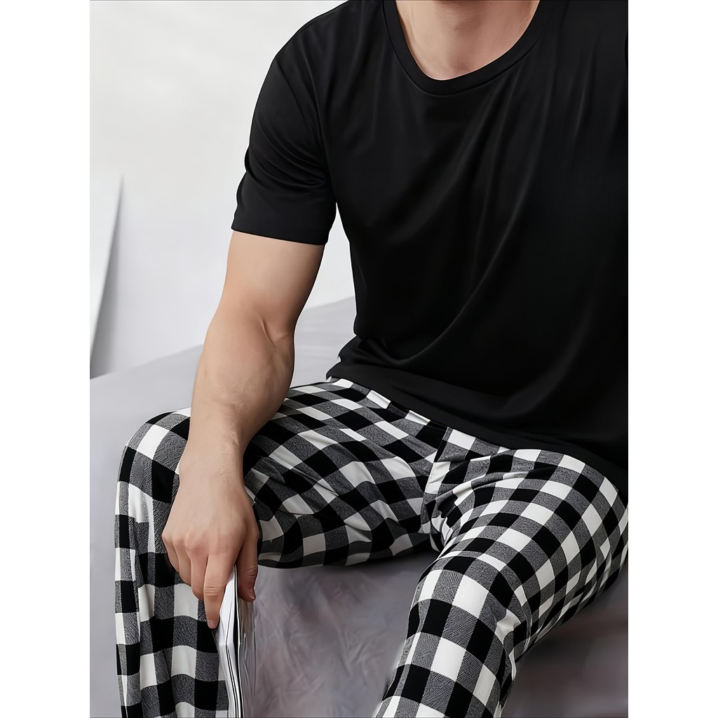 Imagem  Calça masculina Casual com estampa xadrez de 1 peça, calça de pijama Loungewear, calça de pijama longa confortável (Top